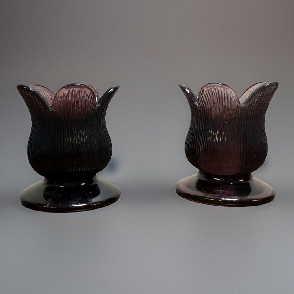 Vintage Footed Flower Bud Amethyst Glass Toothpick Holder Candle Holder Korea - Picture 1 of 6